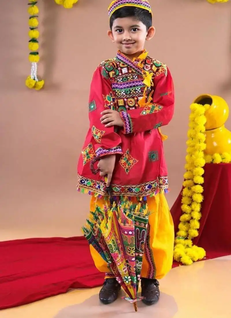 Cotton blend woven full sleeves navratri theme banjara embroidered kediya with coordinating dhoti set - red