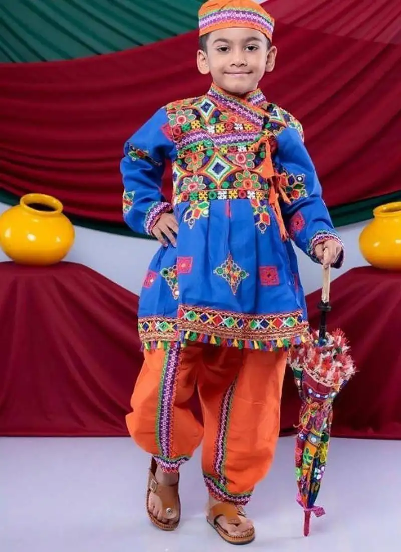 Cotton blend woven full sleeves navratri theme banjara embroidered kediya with coordinating dhoti set - blue