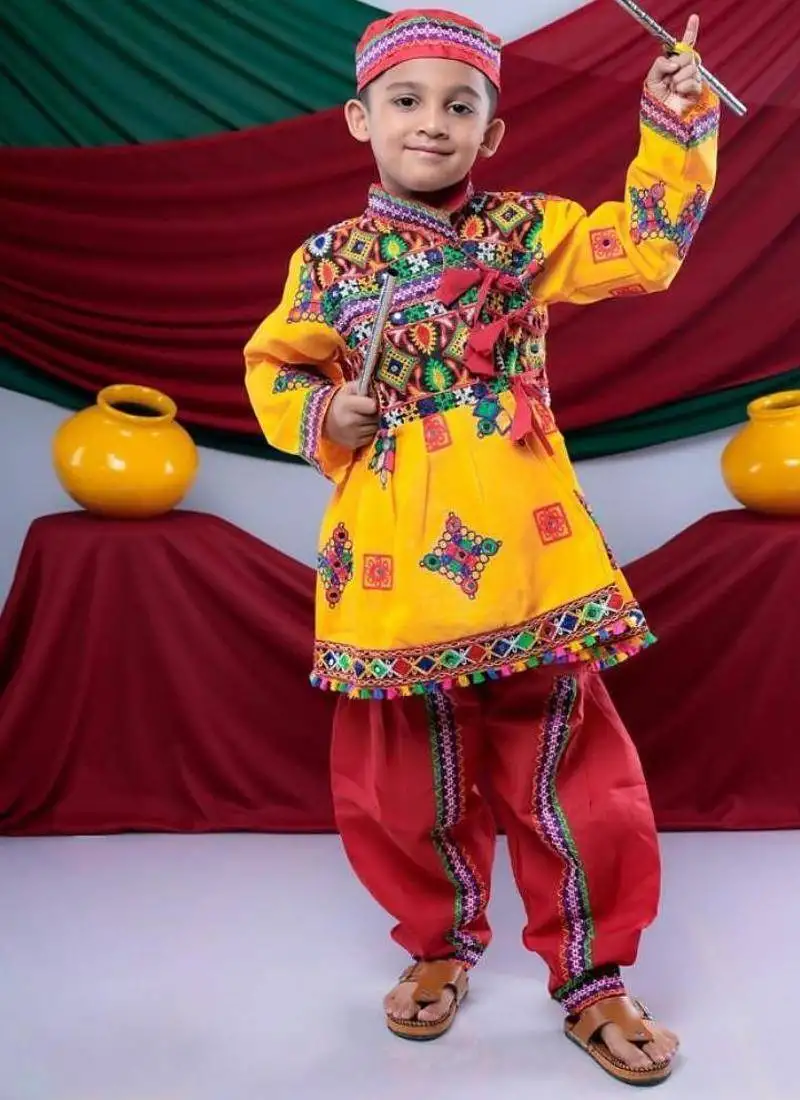 Cotton blend woven full sleeves navratri theme banjara embroidered kediya with coordinating dhoti set - yellow