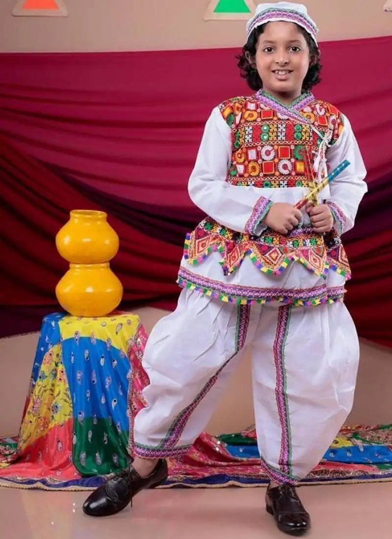 Cotton blend woven full sleeves navratri theme banjara embroidered kediya with coordinating dhoti set - white