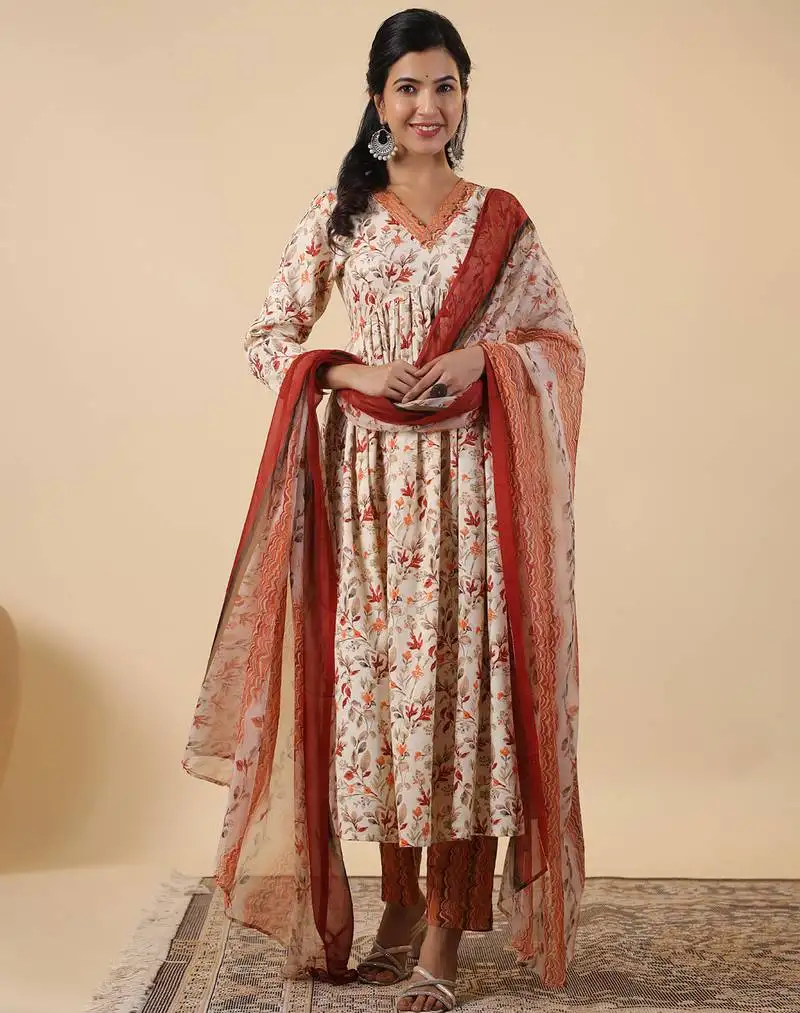 Women's cream rayon floral printed a-line kurta set