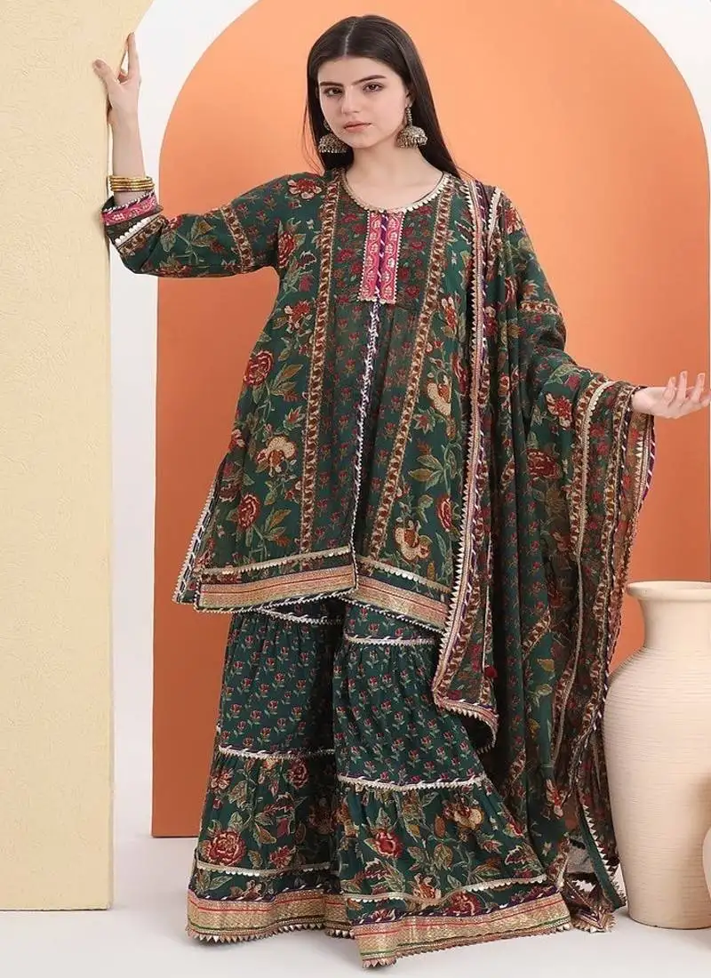 Green cotton printed sharara set