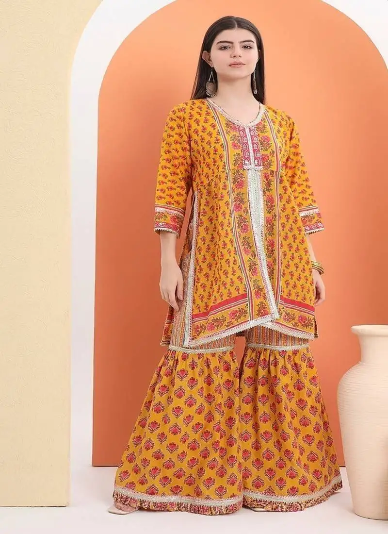Yellow cotton printed sharara set