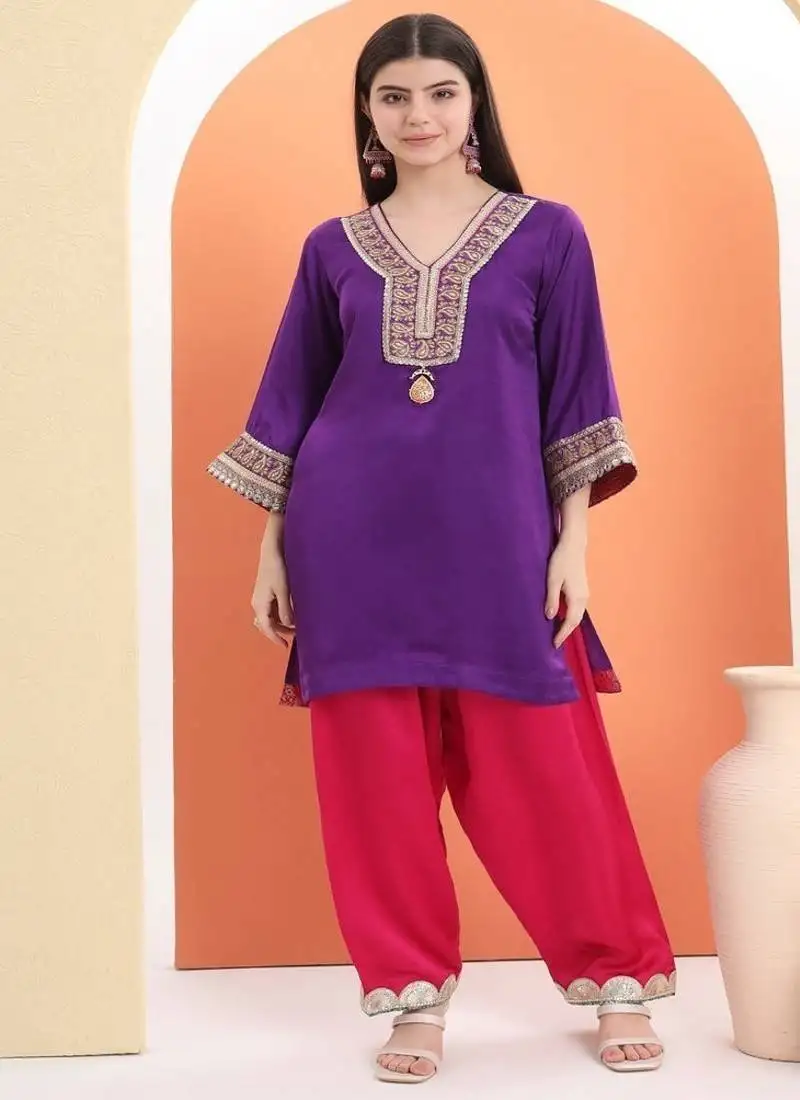Purple cotton embroidered kurta set