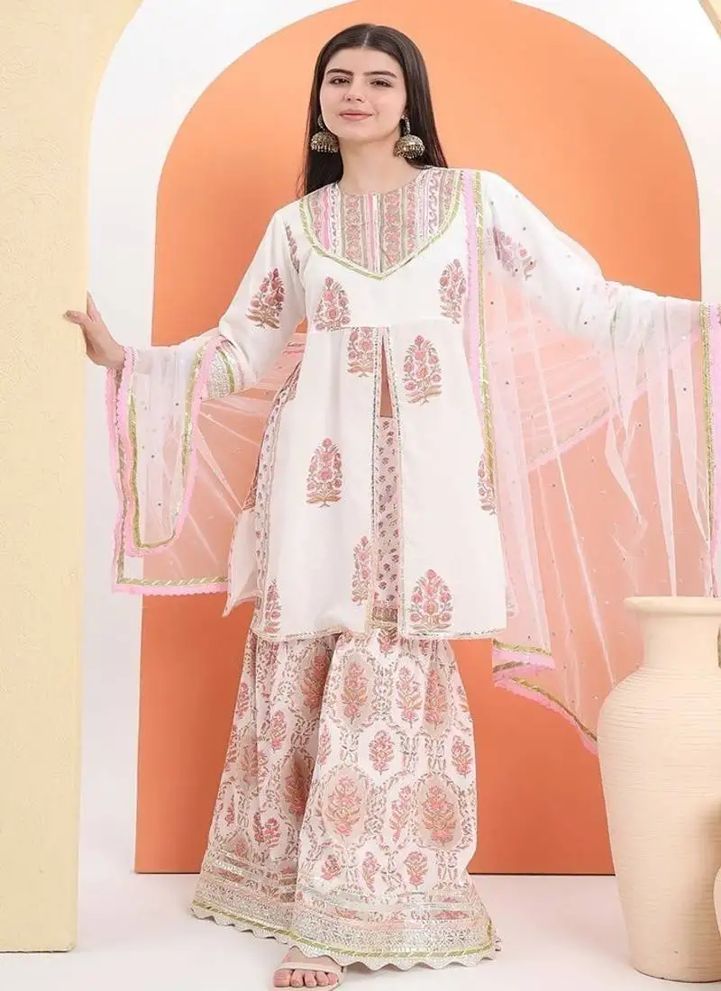 White cotton printed sharara set