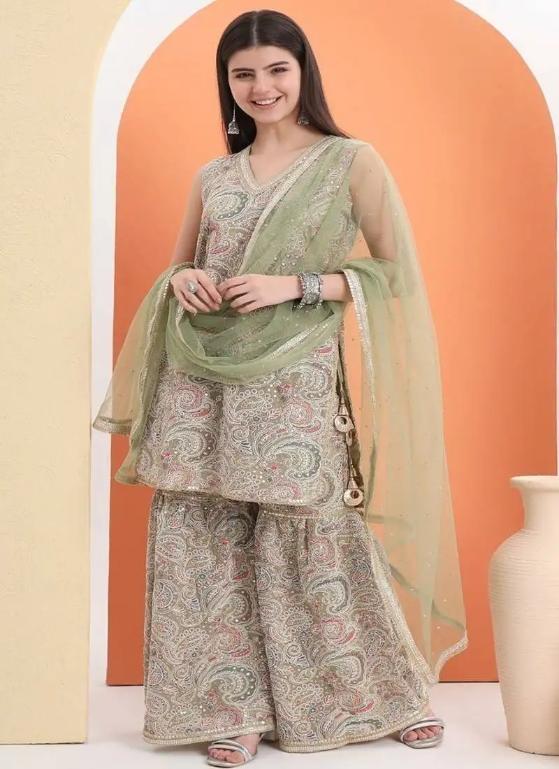 Green cotton embroidered sharara set