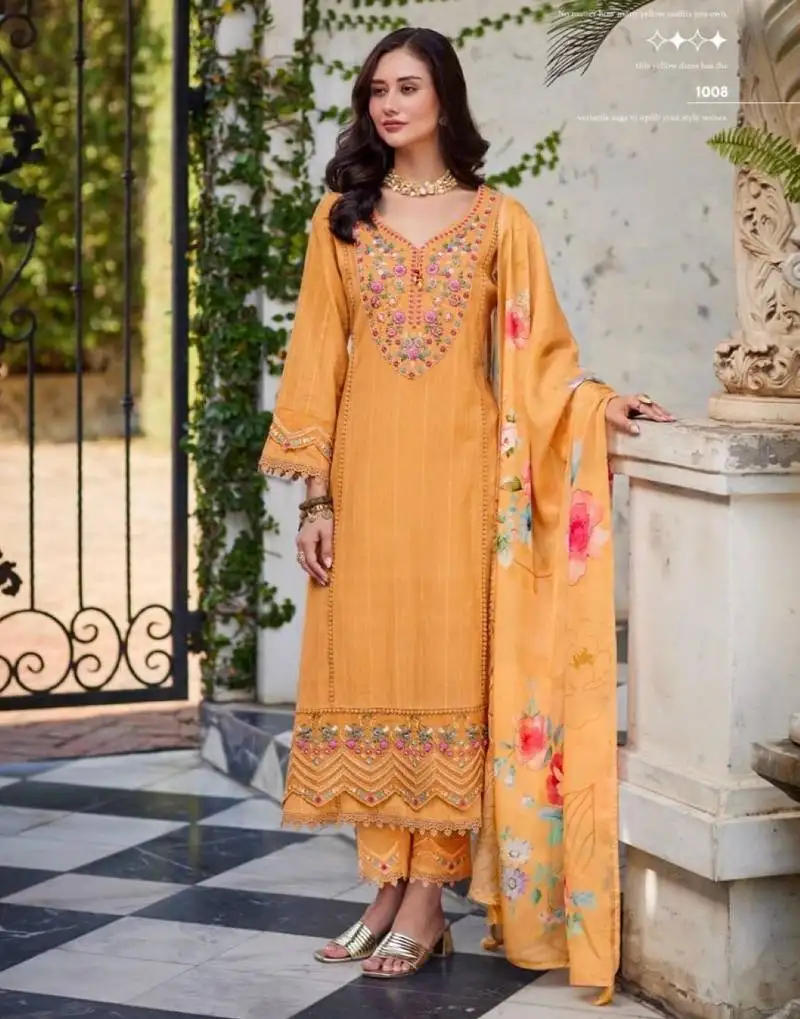 Amber dark yellow embroidered cotton kurta sets