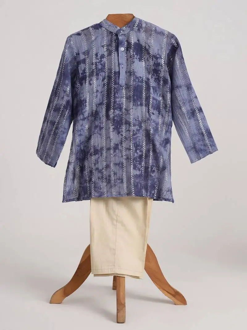 Blue cotton embroidered kurta pyjama