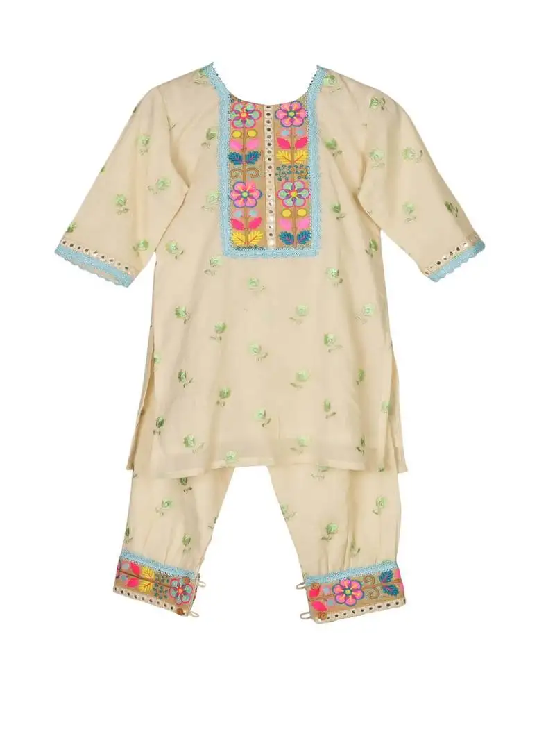 White cotton embroidered kurta set