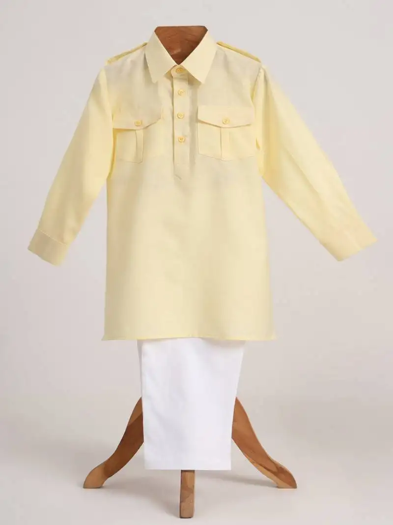 Yellow cotton plain kurta pyjama