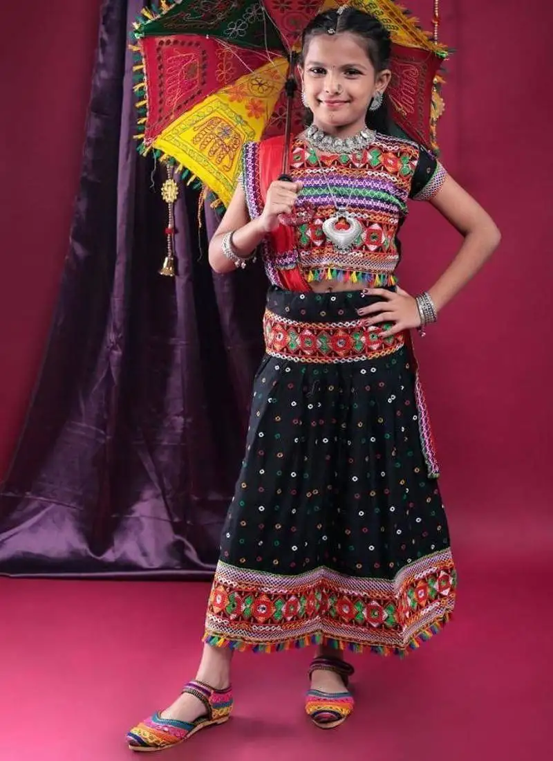 Navratri theme cotton half sleeves kutch work embroidered lehenga choli with dupatta - black