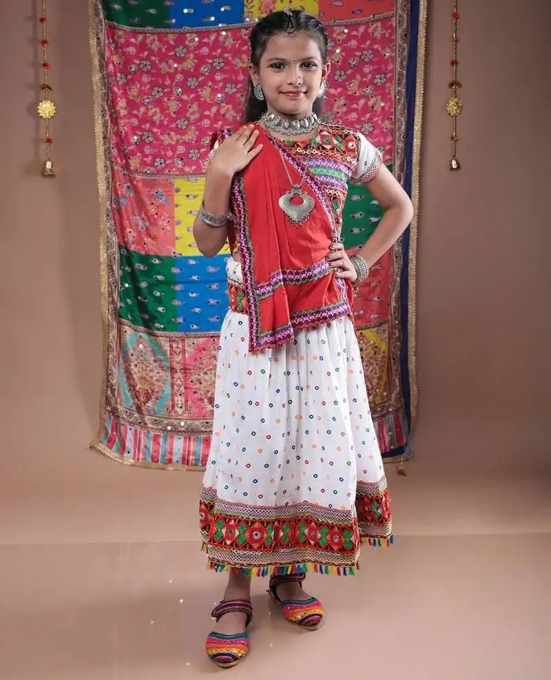 Navratri theme cotton half sleeves kutch work embroidered lehenga choli with dupatta - white