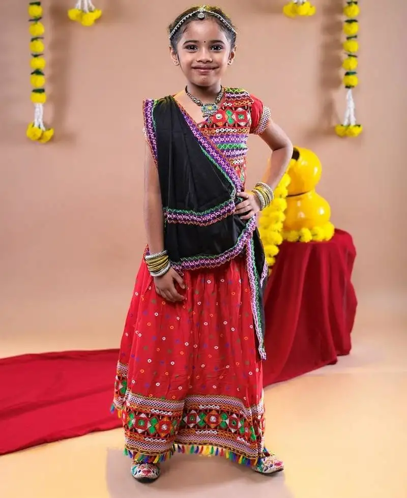 Navratri theme cotton half sleeves kutch work embroidered lehenga choli with dupatta - red