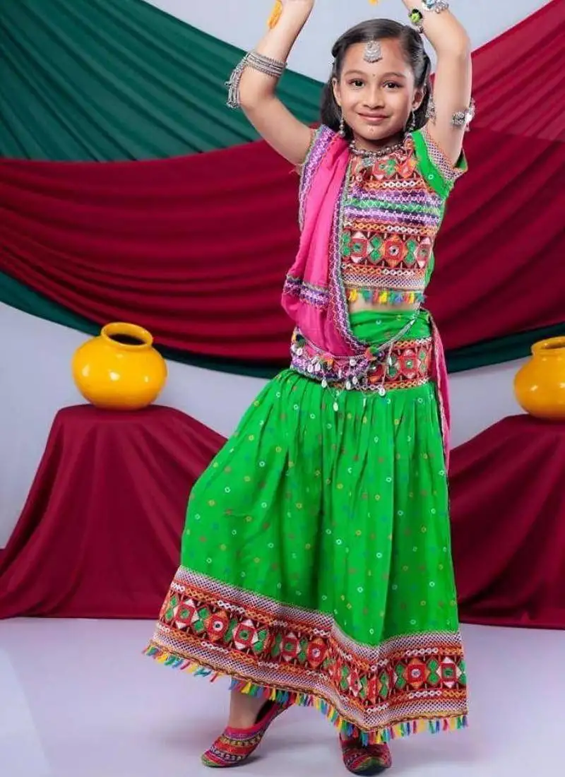 Navratri theme cotton half sleeves kutch work embroidered lehenga choli with dupatta - green