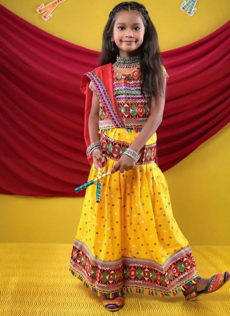 Navratri theme cotton half sleeves kutch work embroidered lehenga choli with dupatta - yellow
