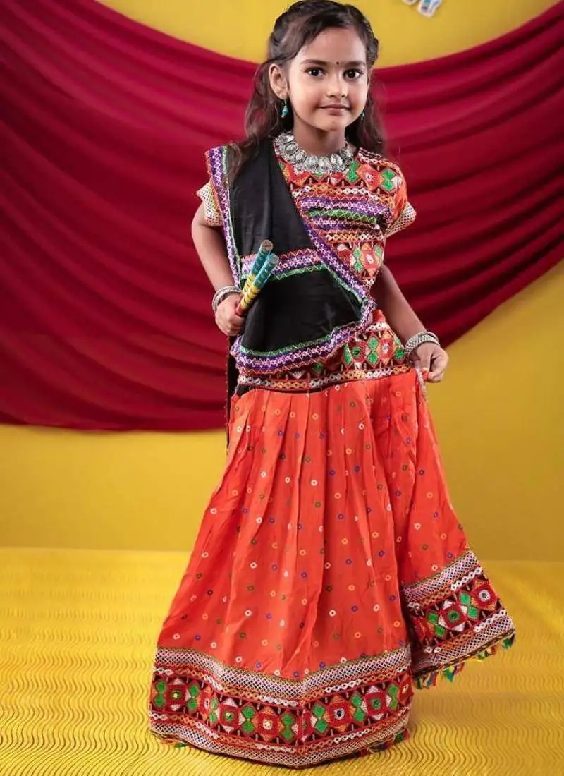 Navratri theme cotton half sleeves kutch work embroidered lehenga choli with dupatta - orange