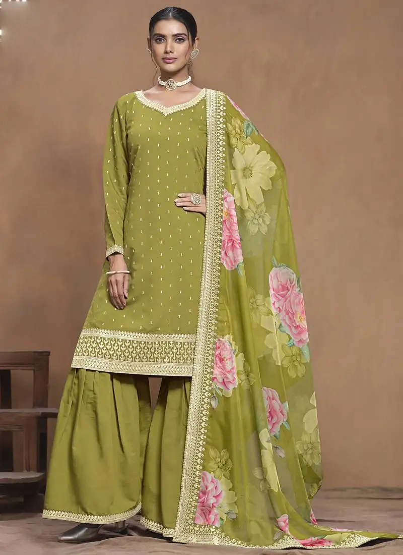 Parrot green roman silk embroidered palazzo suit semi stitched