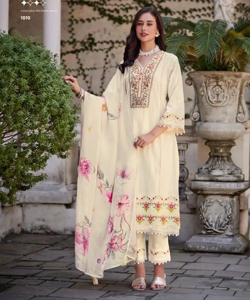 Angel cream embroidered cotton kurta sets