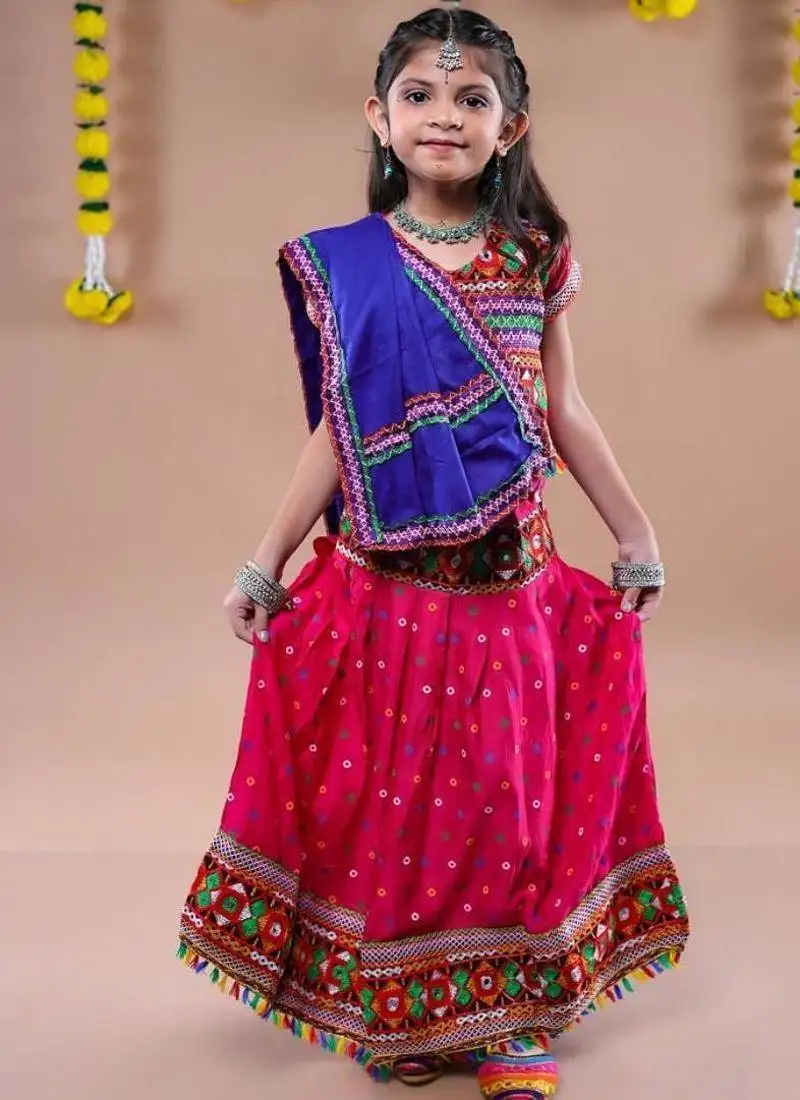 Navratri theme cotton half sleeves kutch work embroidered lehenga choli with dupatta - pink