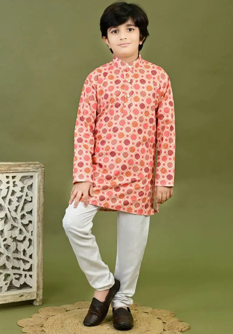 Boys cotton bandhani printed zari embroidered kurta & pyjama set - peach
