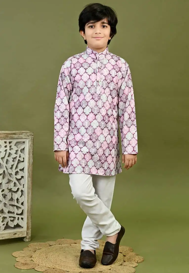 Boys cotton motifs printed zari embroidered kurta & pyjama set - lavender