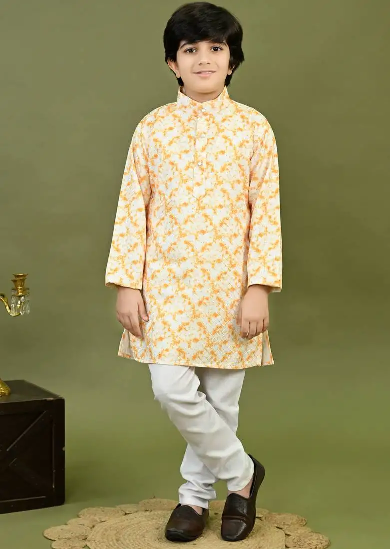 Boys cotton tie & dye printed sequin grid embroidered kurta & pyjama set - gold