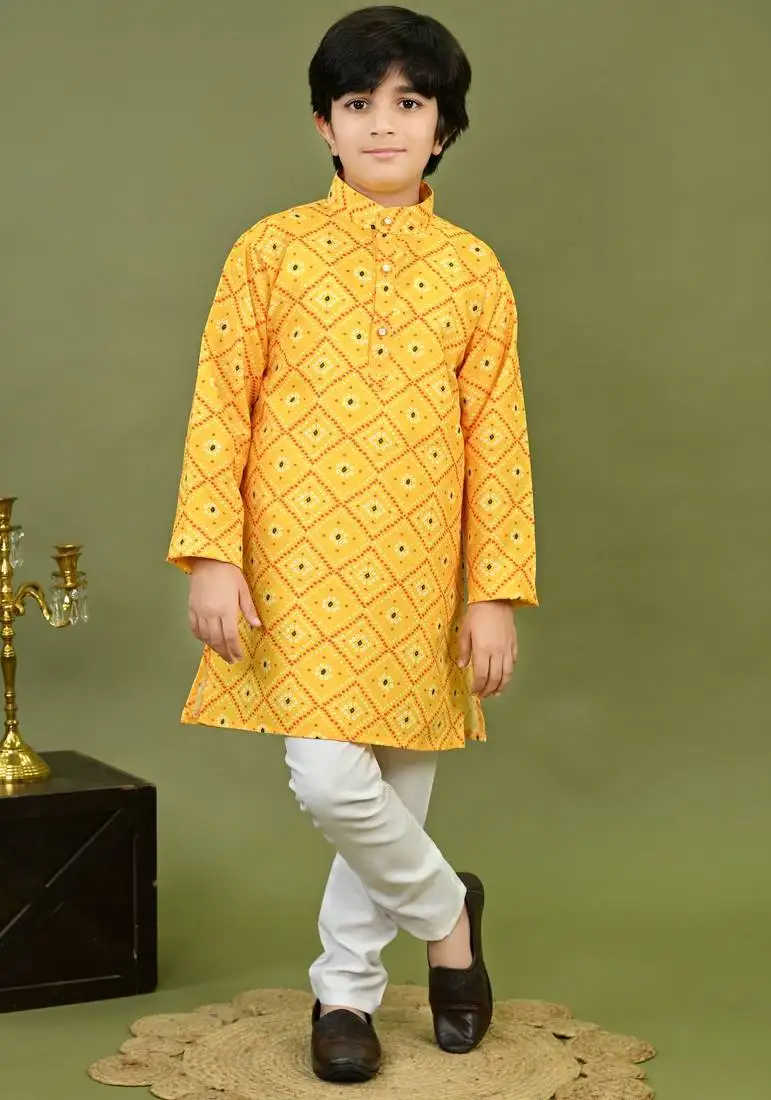 Boys cotton bandhani print kurta & pyjama set - yellow
