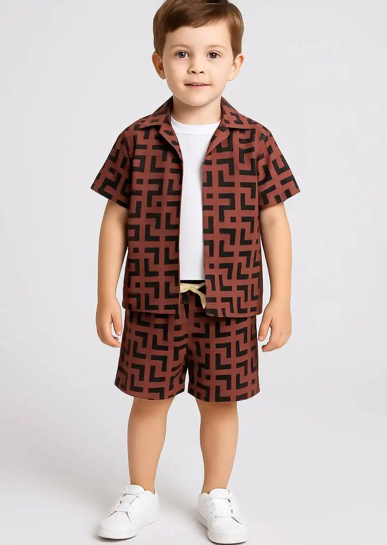 Brown geometric printed cotton blend co-ord set