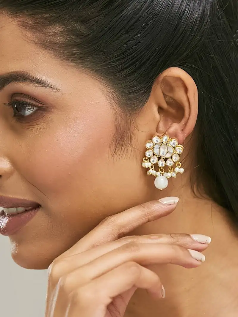 Gold plated elegant mop studded ethnic pearl drop stud earrings