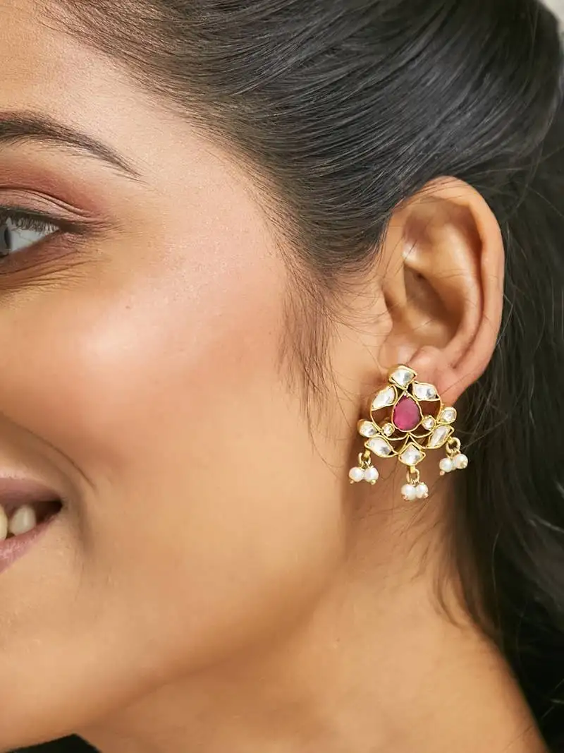 Gold plated elegant kundan & ruby stone studded & beaded studs