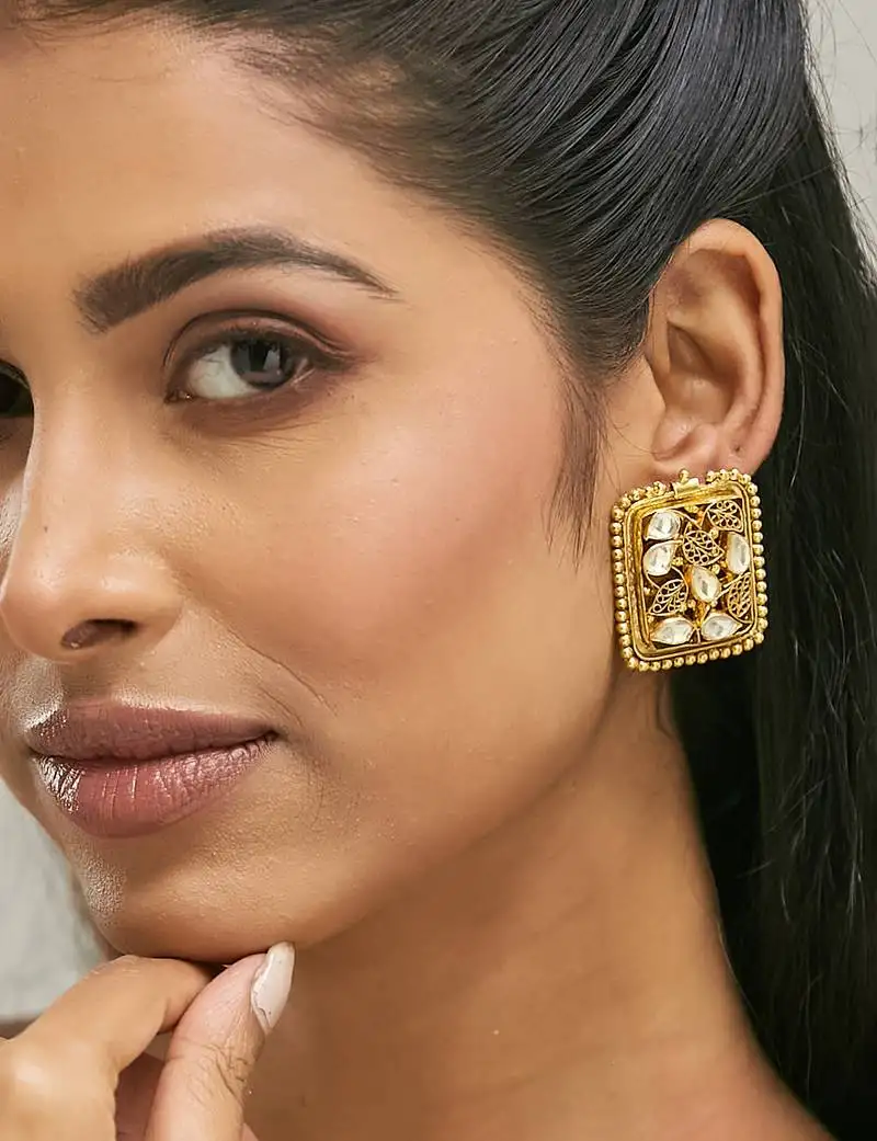 Gold plated kundan & filigree concept rectangular leafy studs