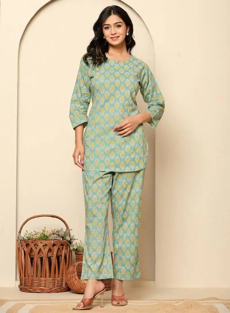 Green printed cotton coord set