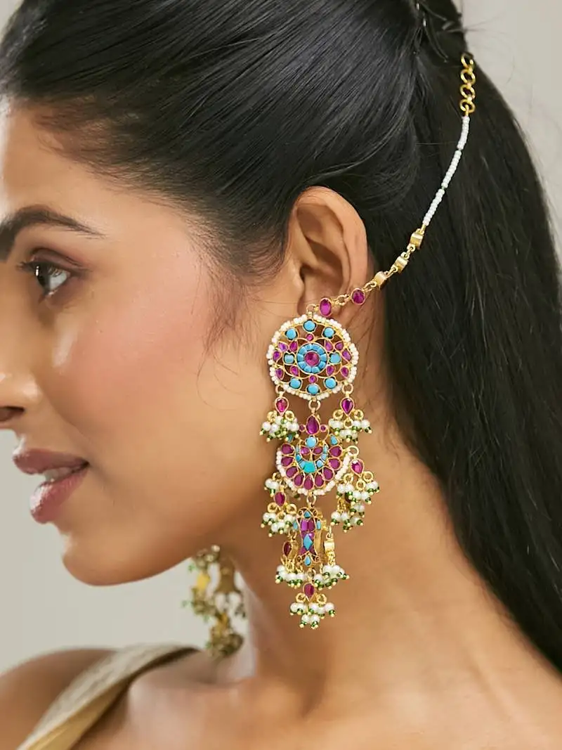 Gold plated kundan studded & pearl beaded crescent shaped kanauti earrings