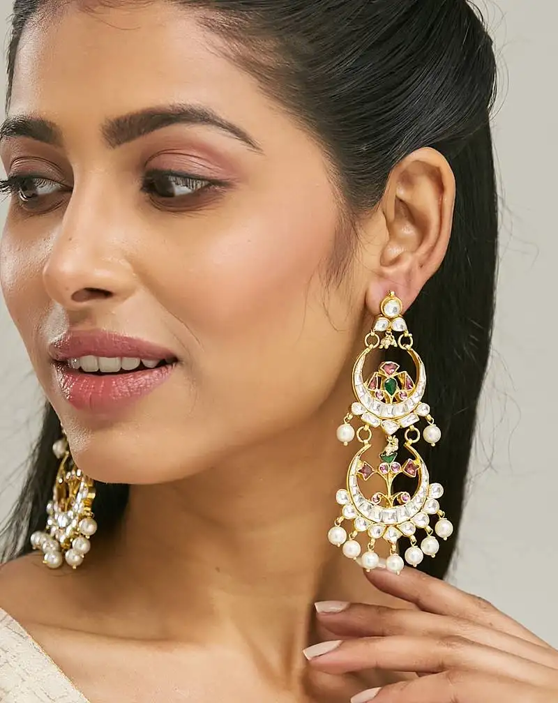 Gold plated kundan studded & pearl beaded layered chandbalis