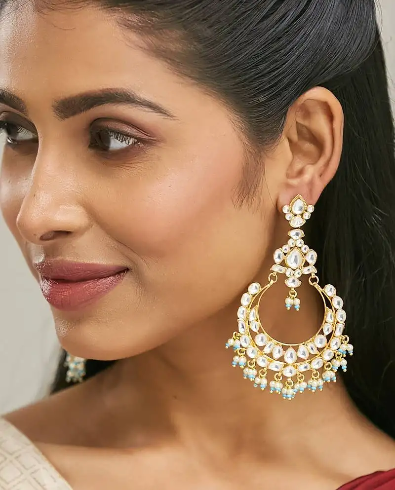 Gold plated kundan stone studded & pearl beaded chandbalis