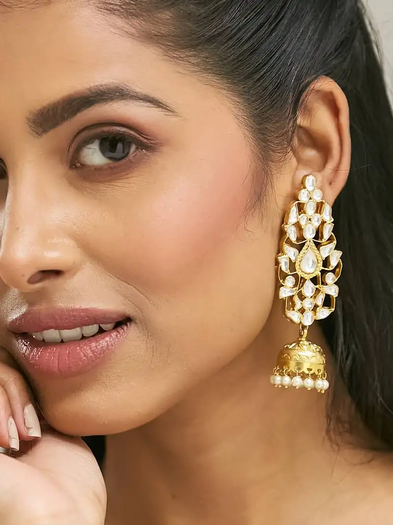 Gold plated regal kundan stone studded & pearl drop jhumkas