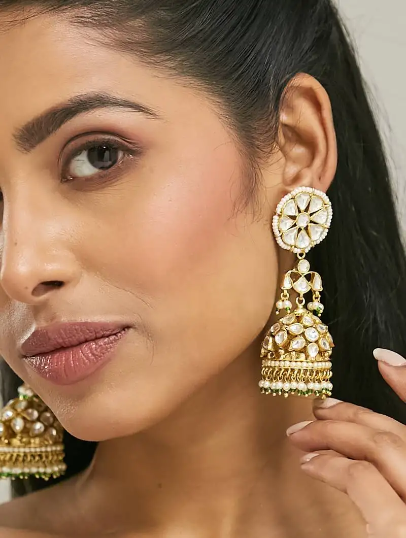 Gold plated kundan stone studded & pearl beaded dome shaped jhumkas