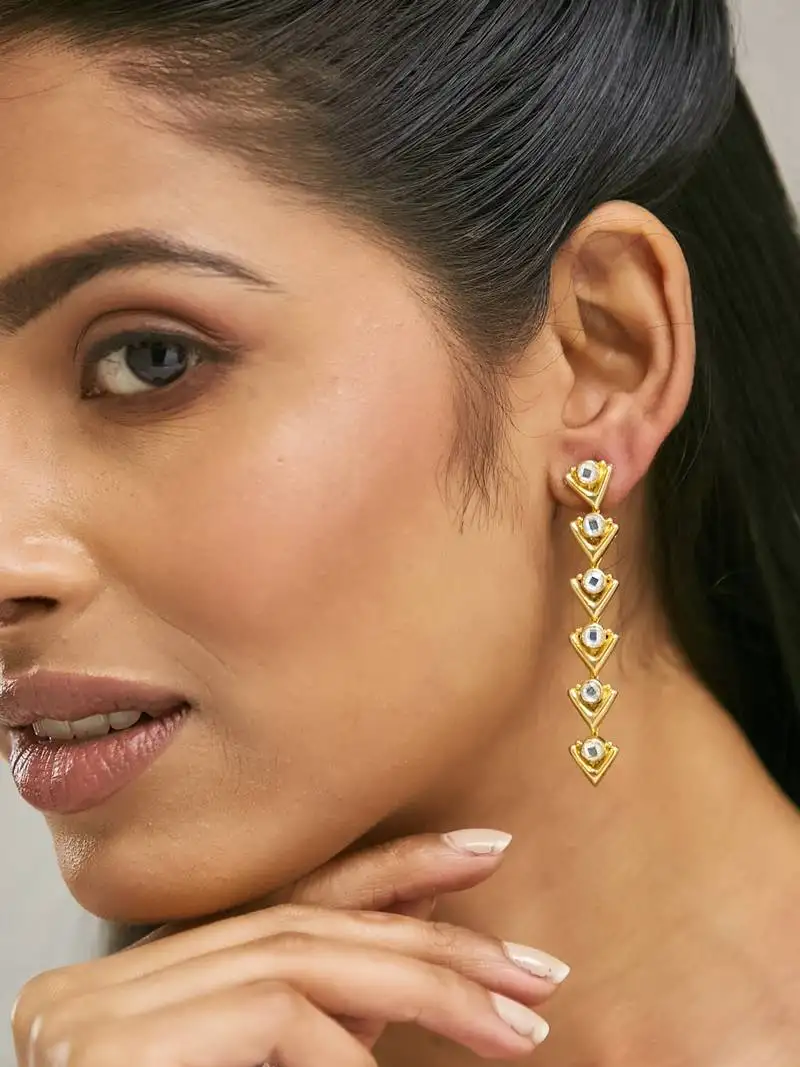 18k gold plated crystal stone studded triangular drop sleek earrings