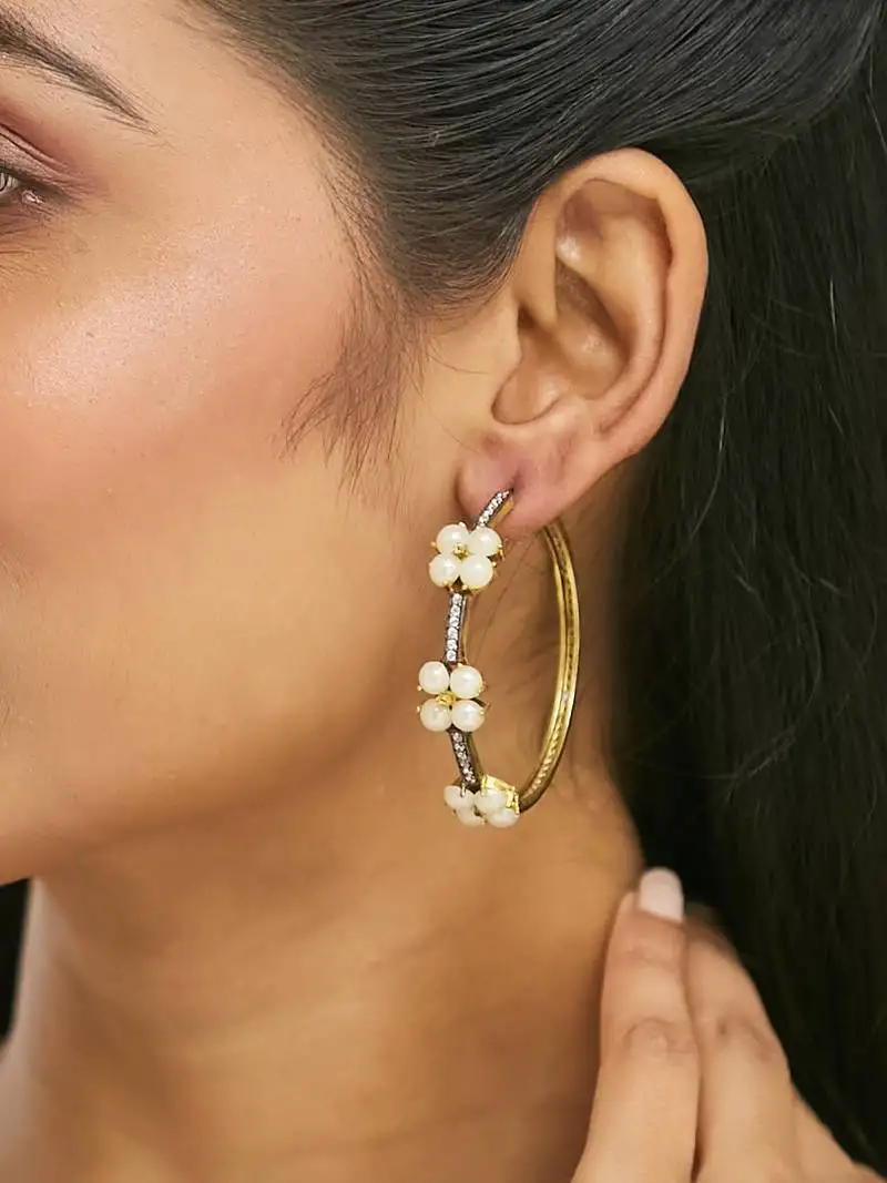 Gold plated elegant pearl beaded circular hoop earrings