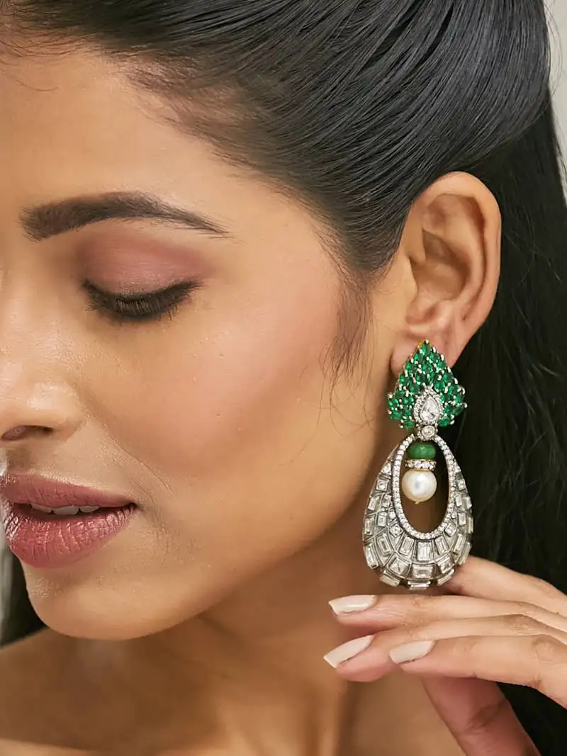 Gold plated zircon studded & pearl teardrop shaped dangler earrings