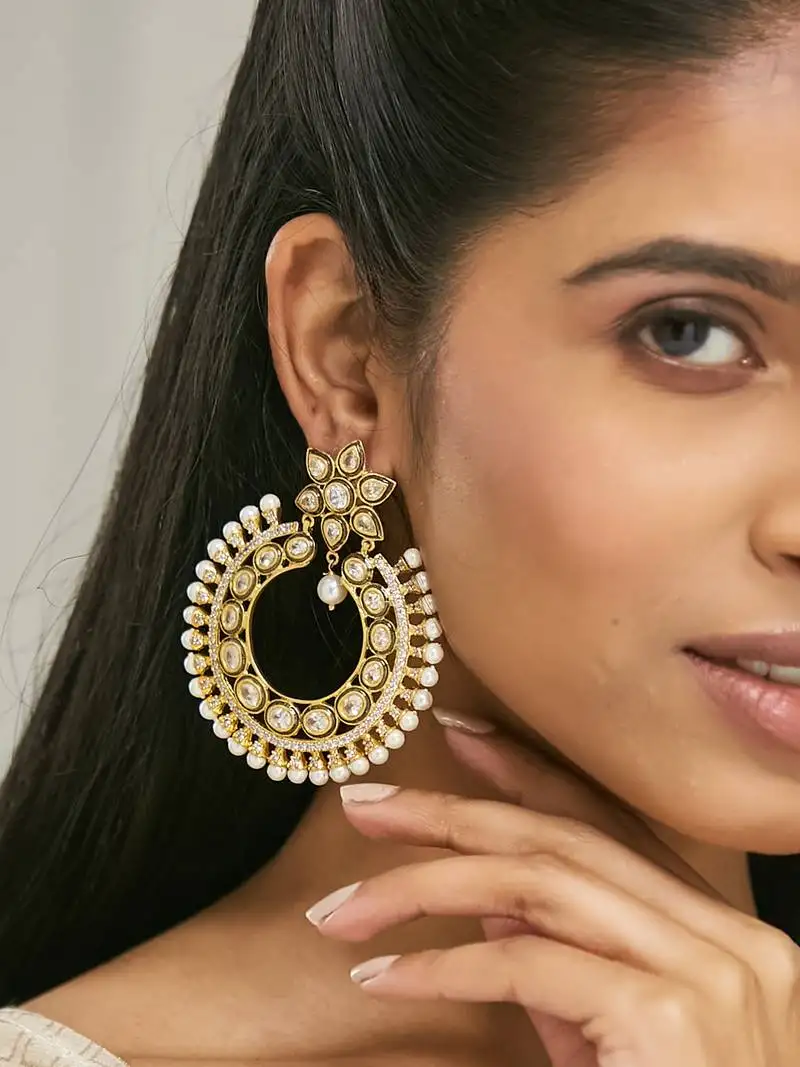 Gold plated kundan studded & pearl beaded floral chandbali earrings