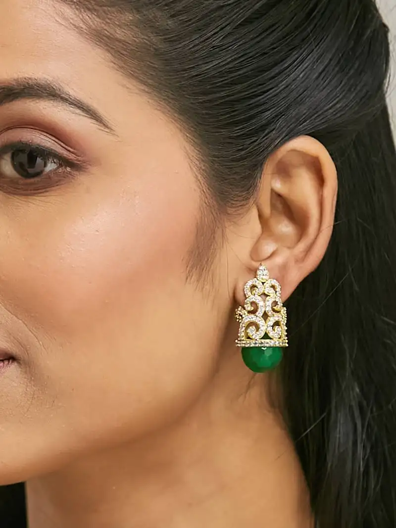 Gold plated green gemstone & zircon studded contemporary filigree motif studs