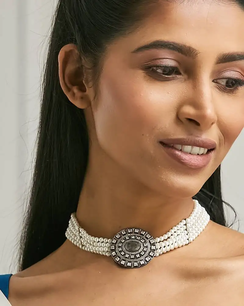 Pearl beaded semi precious labradorite stone & enamelled choker necklace