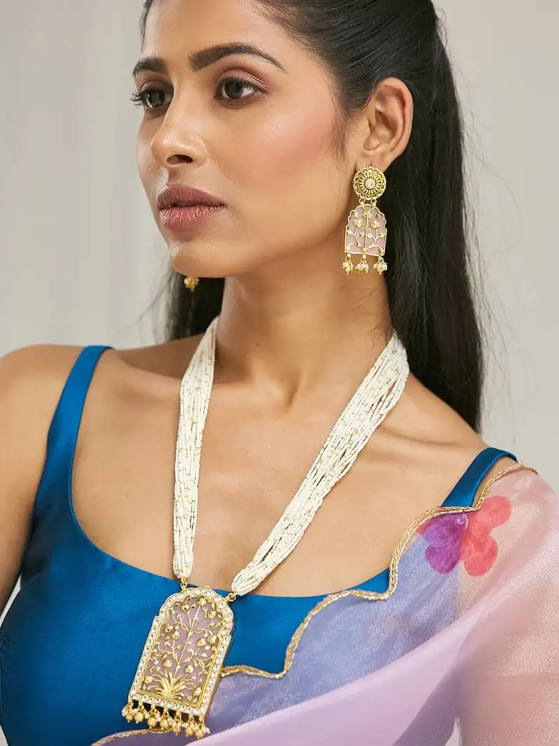 Gold plated pearl beaded strings floral motifs enamel pendant necklace set