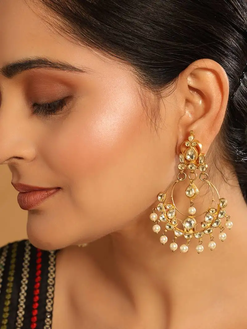 Gold plated kundan studded contemporary shaped pearl drop chandbalis
