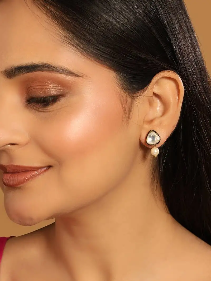Gold plated kundan stone ethnic mini pearl drop studs