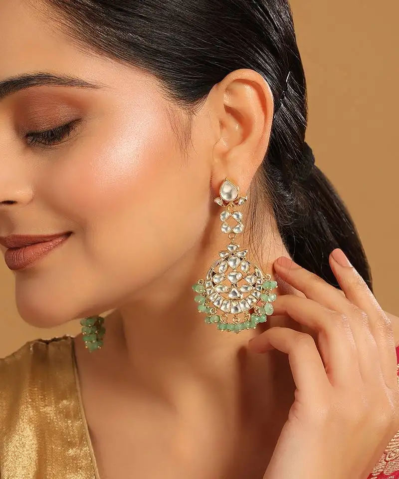 Gold plated regal green kundan chandbali earrings