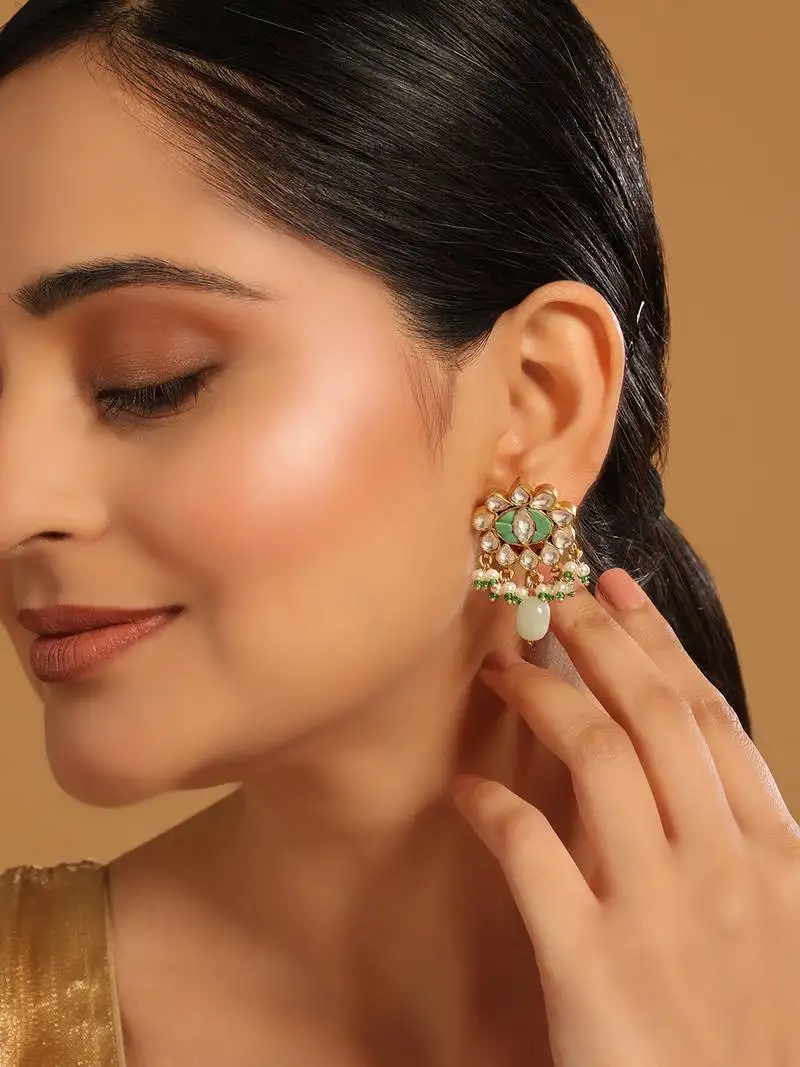 Gold plated semi precious green stone studded pearl drop stud earrings