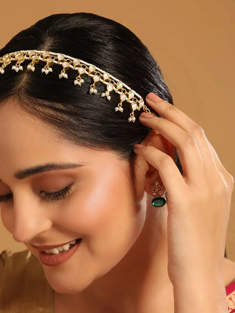 Gold plated regal kundan & pearl matha patti cum necklace