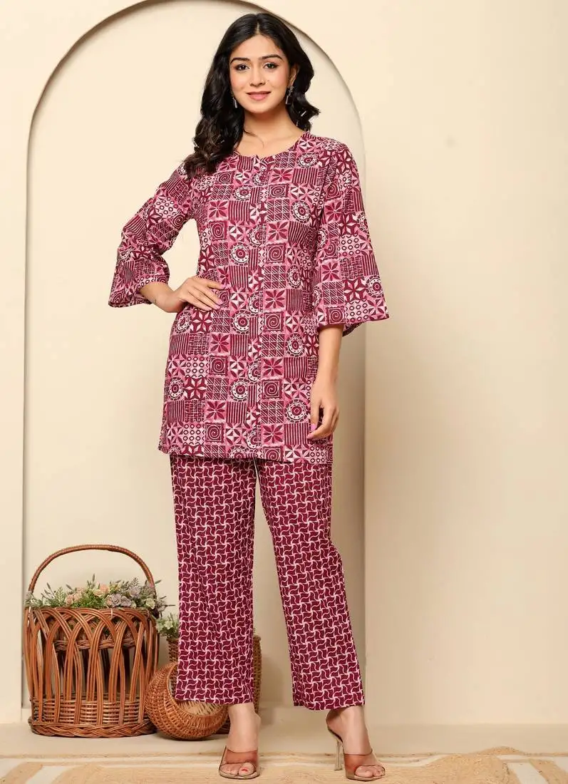 Maroon printed cotton co- ord set